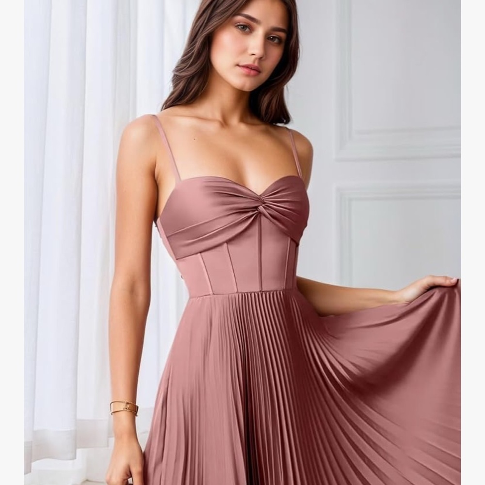 Elegant Burgundy Pleated Dress - Picture 3 of 11
